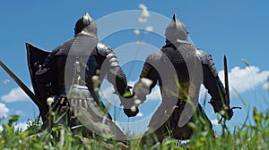 Two knights kneel side by side backs to the camera as they prepare to engage in a friendly sword fight. The green grass