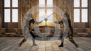 Two knights in medieval armor fight each other with swords. 3D Rendering