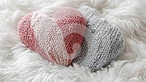 Two Knitted Hearts on Fluffy White Surface