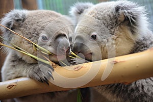 two koalas sharing a eucalyptus branch