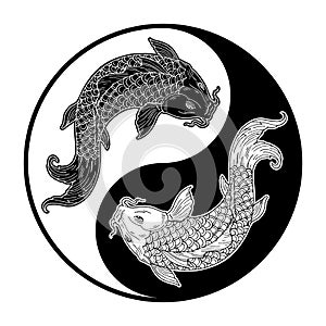 Two koi carps. Yin yang symbol. Vintage engraving monochrome illustration. Isolated on white