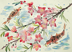 Two koi fish and a branch of blossoming peach