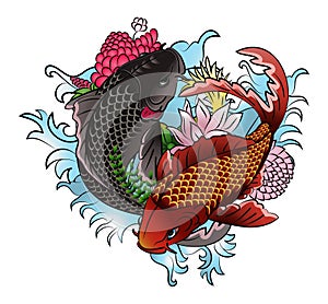 two koi on water traditonal ornament tattoo