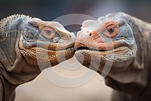 two komodo dragons in a face-to-face standoff