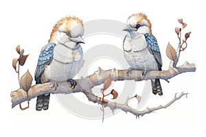 two kookaburras, mirth extant, perched next to each other on branch