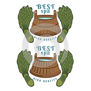 Two label for sauna, banya or bathhouse. Wooden tub between two birch brooms. Vector color illustration