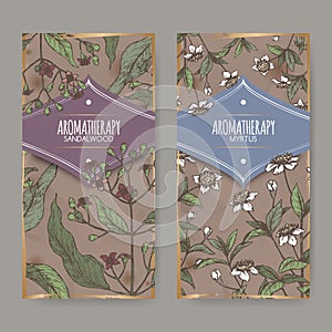 Two labels with Common myrtle aka Myrtus communis and Indian sandalwood aka Santalum album color sketch.