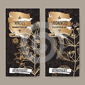 Two labels with Common myrtle aka Myrtus communis and Indian sandalwood aka Santalum album sketch on black background.