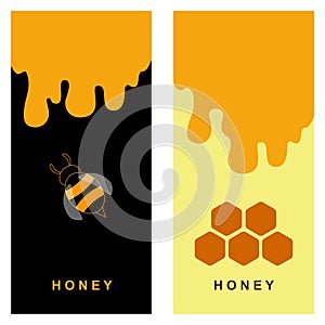 Two labels for honey products with bee and honeycomb