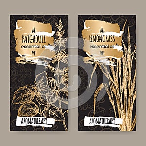 Two labels with Patchouli and lemongrass on black background.