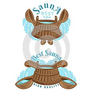 Two labels for sauna, banya or bathhouse. Wooden tub with two crossed ladles. Color vector illstartion