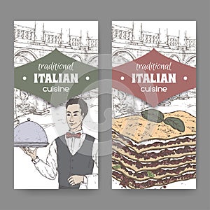 Two labels with waiter, Ilalian pation and lasagna on white.
