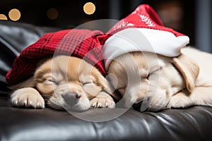 Two Labrador puppies in a Santa hat are sleeping on the sofa. Christmas card, New Year calendar