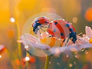 Two ladybugs on a daisy flower