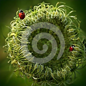 Two ladybugs on a green flower