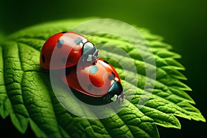 Two ladybugs on a green leaf close-up in sunlight