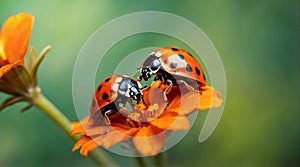 Two ladybugs on a orange spring flower