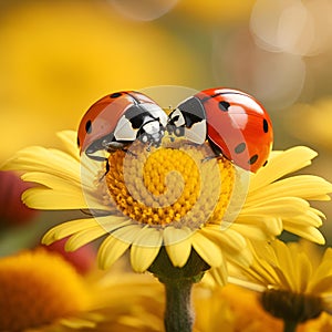 two ladybugs sitting on top of yellow flower petals