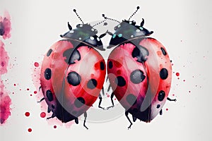two ladybugs are standing on a white surface with red spots on them and black spots on the wings and legs of the ladybugs, with