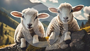 Two lambs, young sheep in nature .ai generated