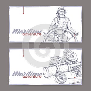 Two landscape banners with old captain and navigational instruments sketch. Maritime adveture series.