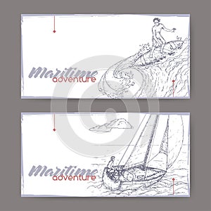 Two landscape banners with sailboat and surfer sketch. Maritime adveture series.