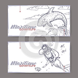 Two landscape banners with scuba diver and jumping whale sketch. Maritime adveture series.