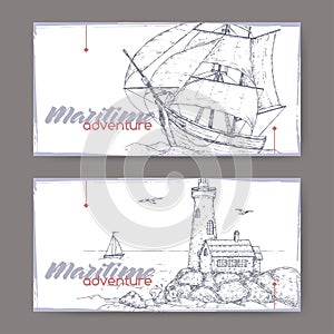 Two landscape banners with tall ship and lighthouse sketch. Maritime adveture series.