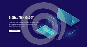 Two laptop computer exchanging data, data encryption, protected connection concept isometric