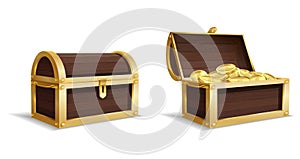 Two large chests. Open, closed chest, pile of gold coins inside vintage wooden trunk, medieval mystery pirate treasures
