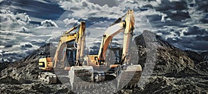 Two large excavator moving stone or soil in a quarry at a construction site. Heavy construction hydraulic equipment. Excavation