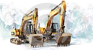 Two large excavator moving stone or soil in a quarry at a construction site. Heavy construction hydraulic equipment. Excavation