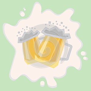 Two large glasses of beer. Nice friendly toast with alcohol. Two pints of lush beer. Cartoon vector illustration on a