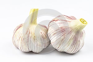 Two large heads of garlic isolated on a white background