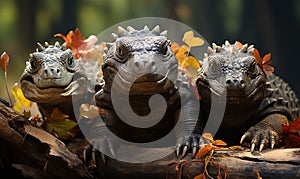 Two Large Lizards Perched on Tree Branch