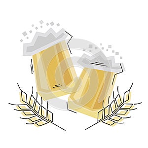 Two large mugs of beer for a beer party. Glasses are filled to the brim with boiling beer with lush foam. Emblem for the