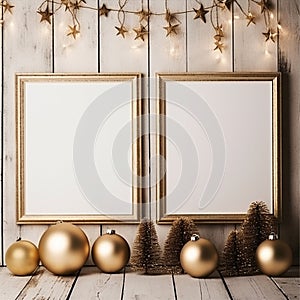 Two photo frames on the wall with Christmas decorations