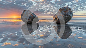 Two large rocks sitting on a beach at sunset, AI