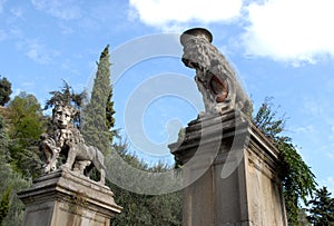 Two large statues of lions with a crown on his head through the hills in the Veneto (Italy)