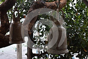 Two large traditional bell at the monkey mountain Khao Takiab in Hua Hin, Thailand, Asia