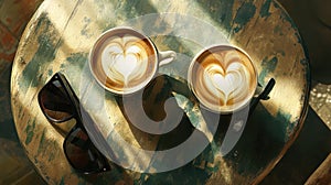 Couple of Heart Latte Art Coffee Cups and Sunglasses on Rustic Table