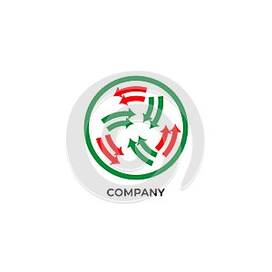 Two layers of red and green arrows inside circle. Circulation logo design template. Recycle logo concept