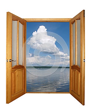 Two-leaf wooden door and clouds isolated