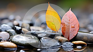 two leaves are sitting on top of rocks and pebbles