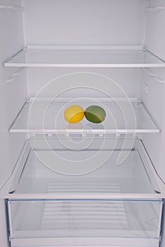 Two lemon in open empty refrigerator.