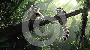 Two Lemurs Perched on a Branch in Lush Green Jungle