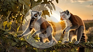 Two Ring-tailed Lemurs Sitting on a Branch During Golden Hour in Madagascar