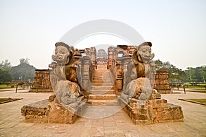 Two Leogryphs at the entrance of Sun temple Konark, Odisha, India.