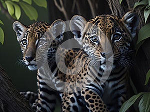 two leopard cubs hiding among the trees