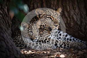 two leopard cubs laying next to a tree